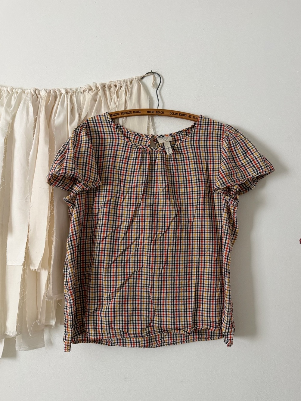 St. John's Bay Plaid Puff-Sleeve Top in Red, Blue, Yellow